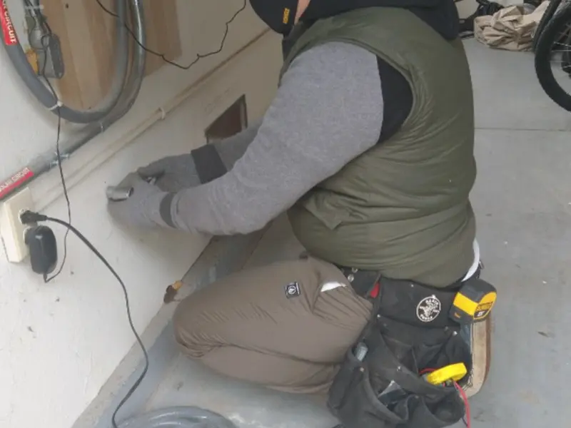 Electrician performing outlet wiring in a Dunean garage